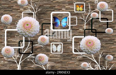 Une illustration tridimensionnelle représentant des roses blanches et des papillons multicolores à l'intérieur de carrés décoratifs sur un fond de pierre Banque D'Images