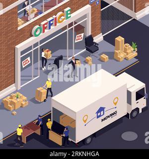Concept isométrique de service de relocalisation avec l'illustration vectorielle de relocalisation de personnes de l'entreprise de déménagement Illustration de Vecteur