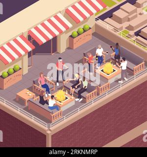 Concept isométrique de café de rue avec restaurant sur l'illustration vectorielle de terrasse sur le toit Illustration de Vecteur