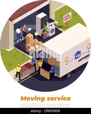 Concept isométrique de service de relocalisation avec l'illustration vectorielle de relocalisation de personnes de l'entreprise de déménagement Illustration de Vecteur