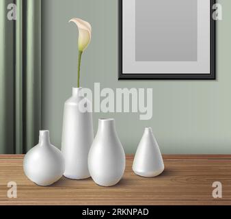 Vases en porcelaine en céramique blanche de différentes tailles et formes sur table en bois composition réaliste avec illustration vectorielle de cadre photo vierge Illustration de Vecteur