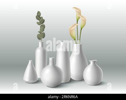 Vases en porcelaine blanche de forme différente avec des fleurs illustration vectorielle réaliste Illustration de Vecteur