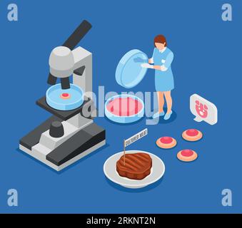 Fond bleu de viande cultivé artificiel avec un chercheur examinant le steak de bœuf fait à partir de cellules animales illustration vectorielle isométrique Illustration de Vecteur