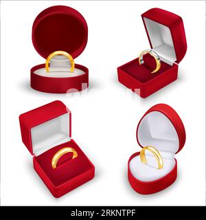 Boîte à anneau rouge réaliste ensemble de quatre vues isolées avec des anneaux de mariage dans des cas de velours rouge illustration vectorielle Illustration de Vecteur