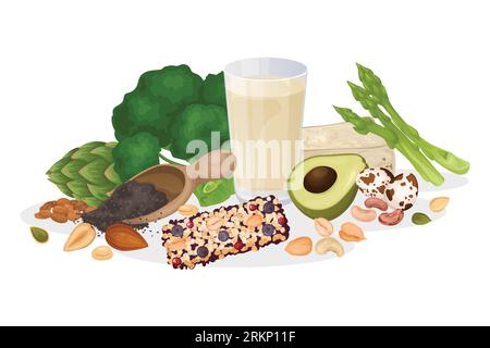 Composition d'aliments protéinés sains avec vue isolée des œufs verts de noix et des barres sur l'illustration vectorielle de fond blanc Illustration de Vecteur