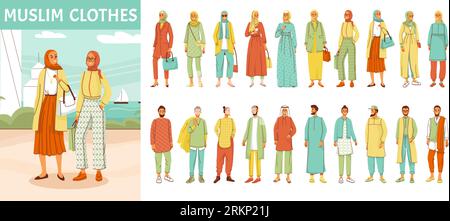 Composition de vêtements musulmans avec des symboles de culture arabe illustration vectorielle isolée plate Illustration de Vecteur