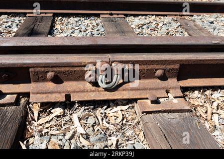 Détail de joint de rail rouillé, avec plaque de raccordement à 4 boulons Banque D'Images