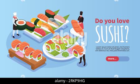 Bannière de fond bleu de site Web horizontal isométrique avec sushi et maki servi sur des plateaux et plaque illustration vectorielle 3D. Illustration de Vecteur