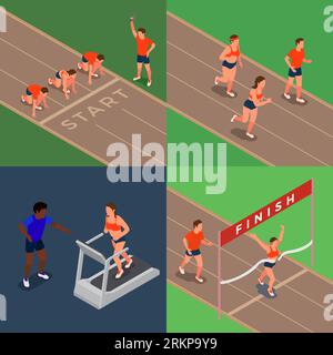 Running People 2x2 concept de conception avec les coureurs de marathon et la femme jogging sur tapis roulant illustration vectorielle isolée isométrique 3D. Illustration de Vecteur