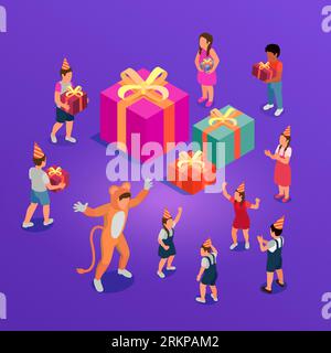 Composition isométrique de fête d'anniversaire avec des enfants dansant obtenant des cadeaux et s'amusant avec l'illustration vectorielle d'amuseur Illustration de Vecteur