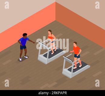 Les gens qui courent sur le tapis roulant dans l'illustration vectorielle de composition isométrique de gymnase Illustration de Vecteur