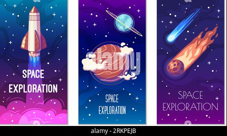 Affiches verticales d'exploration spatiale dessin animé avec planètes de lancement de fusée et météorites illustration vectorielle isolée Illustration de Vecteur