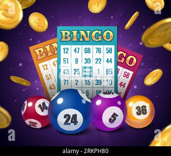 Affiche réaliste de jeu de bingo avec des billets de loterie et des boules colorées sur fond avec illustration vectorielle de pièces tombantes Illustration de Vecteur