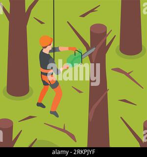 Industrial climber in helmet and safety belt hanging on rope holding equipment to cut wood isometric vector illustration Stock Vector