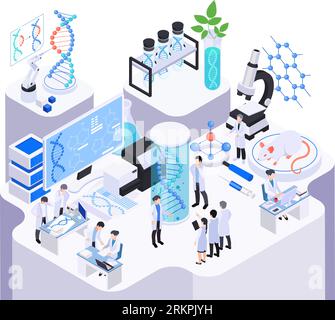 Composition isométrique de biotechnologie avec vue des éléments de bureau de laboratoire de travail avec l'adn de tubes à essai et l'illustration vectorielle de scientifiques Illustration de Vecteur