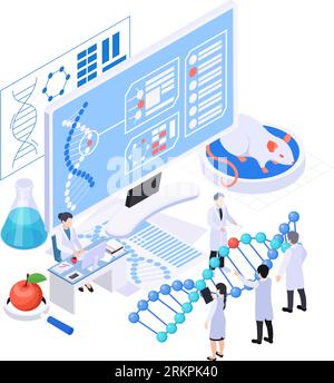 Composition isométrique de biotechnologie avec un groupe de scientifiques détenant le grand modèle d'adn avec souris de travail et illustration vectorielle d'ordinateur Illustration de Vecteur