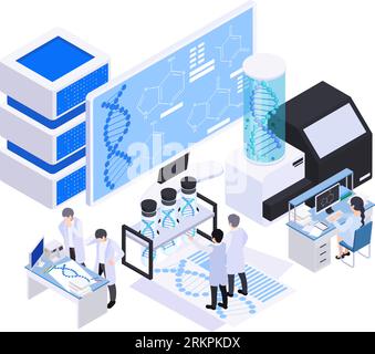 Biotechnology isometric composition with icons of computer screen server rack scientists and test tubes with dna vector illustration Stock Vector