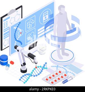 Composition isométrique de biotechnologie avec des écrans d'ordinateur seringue de pilules d'adn et silhouette du corps humain dans l'illustration vectorielle de projection Illustration de Vecteur