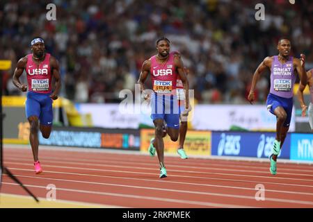 Centre national d'athlétisme, Budapest, Hongrie. 25 août 2023. (De gauche à droite) Kenneth Bednarek, Noah Lyles (USA), Zharnel Hughes (GBR), 25 AOÛT 2023 - Athlétisme : Championnats du monde d'athlétisme Budapest 2023 finale du 200m masculin au Centre national d'athlétisme, Budapest, Hongrie. Crédit : Naoki Morita/AFLO SPORT/Alamy Live News Banque D'Images