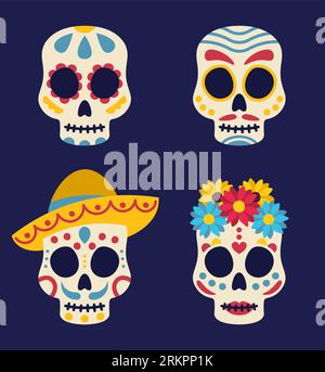 Day Of The Dead Decoration. Set Of Mexican Skulls. Vector Flat Illustration Illustration de Vecteur