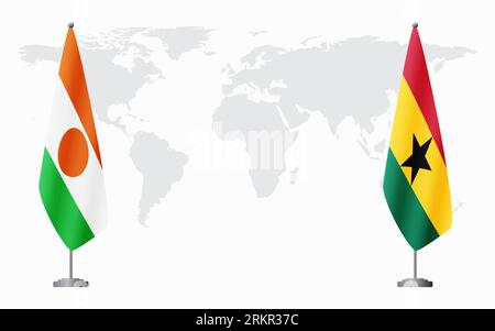 Drapeaux du Niger et du Ghana pour la réunion officielle sur fond de carte du monde. Illustration de Vecteur