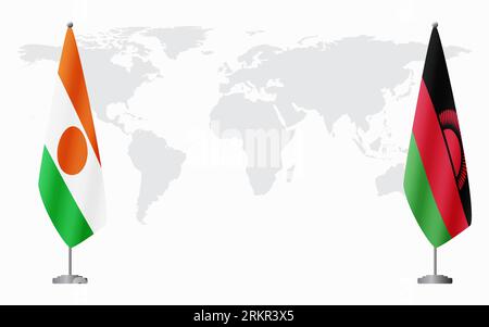 Niger and Malawi flags for official meeting against background of world map. Stock Vector