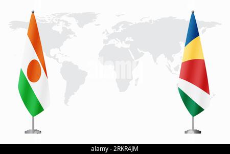 Drapeaux du Niger et des Seychelles pour la réunion officielle sur fond de carte du monde. Illustration de Vecteur