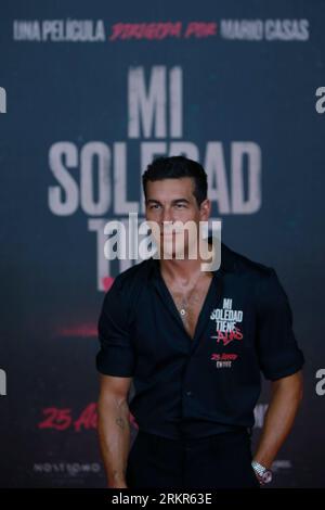 23 août 2023, Madrid, Madrid, Espagne : l'acteur espagnol Mario Casas pose lors d'un photocall pour les médias avant la première du film 'mi soledad tiene Alass', à Madrid (Espagne). Mario Casas, lauréat d'un Goya du meilleur acteur principal pour le film 'No mataras', fait le saut dans la production et la réalisation avec son premier film 'mi soledad tiene Alass', qui sortira en salles le 25 août. Le film, situé dans les quartiers où le réalisateur a passé son enfance, suit un groupe d'enfants qui vivent la vie sur le bord et volent les magasins de bijoux jusqu'à ce que quelque chose tourne mal et, bien sûr, th Banque D'Images