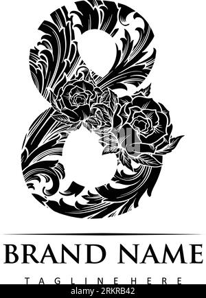 Elegant letter number 8 with floral accents illustrations monochrome vector illustrations for your work logo, merchandise t-shirt, stickers and label Stock Vector