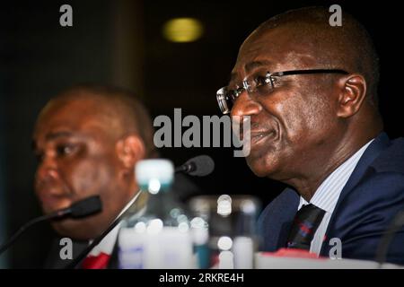 Bildnummer: 58212828  Datum: 09.07.2012  Copyright: imago/Xinhua (120709) -- BEIJING, July 9, 2012 (Xinhua) -- The incumbent President and Chairman of the Board of Directors of African Export-Import Bank (Afreximbank), Jean-Louis Ekra (R), speaks at a press conference in Beijing, capital of China, July 9, 2012. The 19th Annual General Meeting of Shareholders (AGM), hosted by China Eximbank, will be held in the China National Convention Center (CNCC), Beijing, from 9 to 15 July 2012. A number of activities will be held, including the Board meeting, the Forum on China-Africa Financial Cooperatio Stock Photo