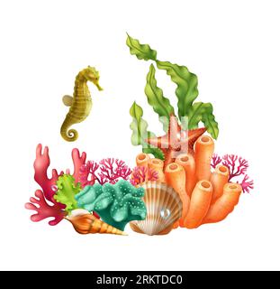 Composition réaliste sous-marine composée d'étoiles de mer coquilles d'hippocampe corail algue illustration vectorielle Illustration de Vecteur