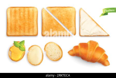 Ensemble de pâtisseries de petit déjeuner avec des images isolées de vue de dessus de tranches de pain de pain grillé de croissant avec garniture de beurre illustration vectorielle Illustration de Vecteur