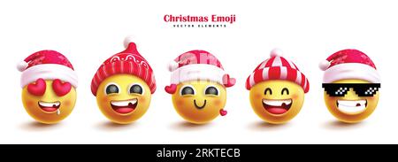 Conception d'ensemble vectoriel de personnages emoji de Noël. Personnage emojis de Noël portant le chapeau du père noël avec drôle, mignon et coquin expression faciale isolé Illustration de Vecteur