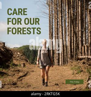 Composite of this friday, care for our forests text and caucasian woman walking in forest Stock Photo