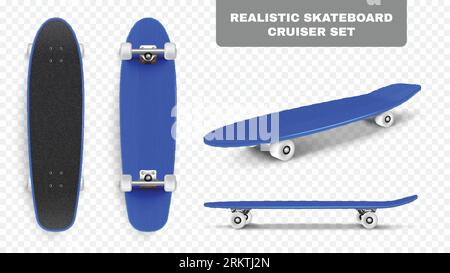 Realistic skate board set with transparent background editable text and isolated angle views of blue skateboard vector illustration Stock Vector