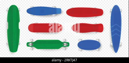 Realistic skate board transparent set with top and bottom views of green red and blue skateboards vector illustration Stock Vector