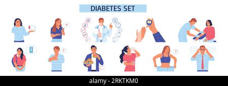 Prevention and symptoms of diabetes flat set with male and female patients isolated vector illustration Stock Vector