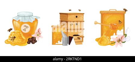 Miel ensemble de trois compositions isolées avec des ruches et de l'équipement apicole nid d'abeilles avec des abeilles et des fleurs illustration vectorielle Illustration de Vecteur