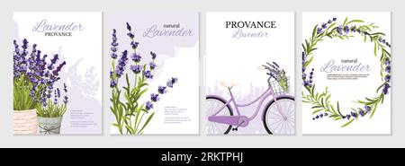 Affiches isolées florales décorées avec des brins de lavande dans des pots panier à vélo et cadre illustration vectorielle réaliste Illustration de Vecteur