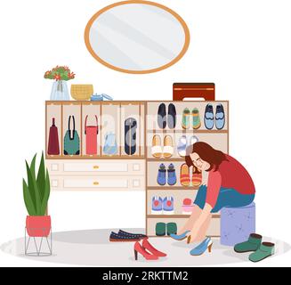 Walk in closet flat composition with woman choosing shoes in wardrobe vector illustration Stock Vector