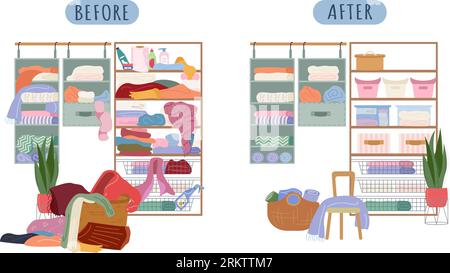 Walk in closet before and after ordering flat composition with scattered things and neatly arranged on shelves vector illustration Stock Vector