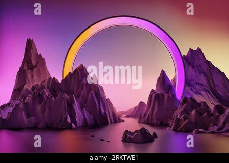 Paysage abstrait 3D avec mer et montagnes - rendu 3D. Banque D'Images