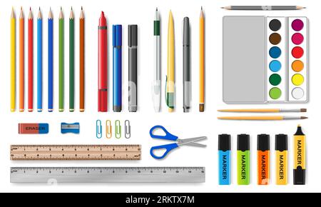 Papeterie jeu réaliste de crayons de couleur stylos marqueurs règles aquarelles trombones ciseaux taille-crayons en caoutchouc pinceaux isolé vecteur illustratio Illustration de Vecteur