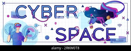 Bannière de texte Cyberspace dans un style plat avec des gens s'amusant en réalité virtuelle portant des casques vr illustration vectorielle Illustration de Vecteur