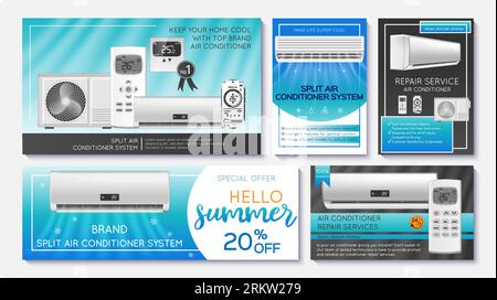 Ensemble de bannières de service de réparation de climatiseur et de système de division de publicité verticale et horizontale illustration vectorielle isolée Illustration de Vecteur
