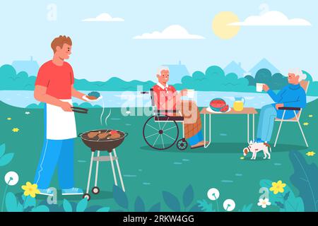 Concept plat de pique-nique familial avec l'homme et ses parents âgés ayant bbq sur l'illustration vectorielle de rive du lac Illustration de Vecteur