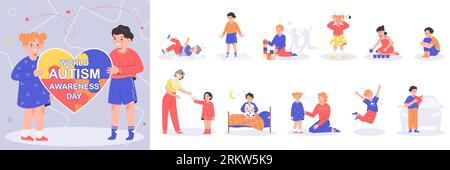 Autism awareness composition set of kids with signs of autistic spectrum disorder isolated vector illustration Stock Vector