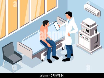 Male patient talking to doctor after medical examination during health checkup isometric vector illustration Stock Vector