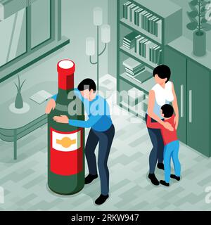 Concept isométrique de dépendance à l'alcool avec l'homme accro embrassant la bouteille de vin et son illustration vectorielle 3d de famille effrayée Illustration de Vecteur