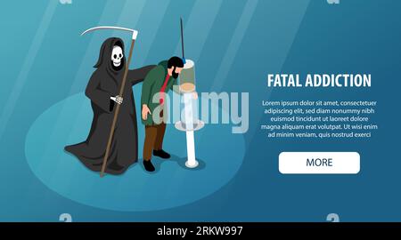 Fatal addiction horizontal isometric web banner with character of death and drug addicted man with syringe 3d vector illustration Illustration de Vecteur